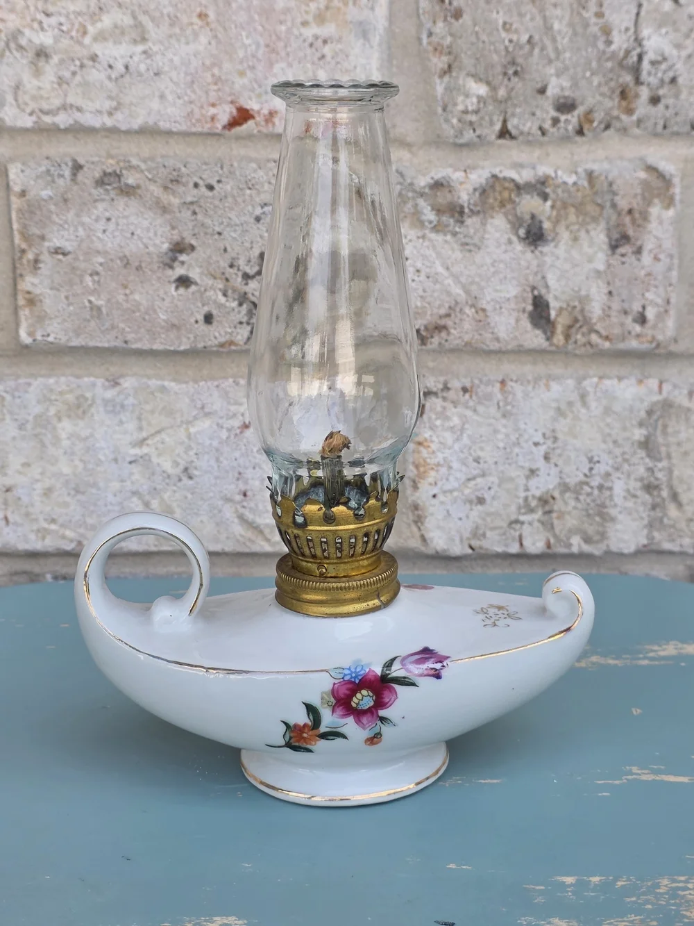Vintage Made in Japan Miniature Porcelain Oil Lamp with Glass Chimney